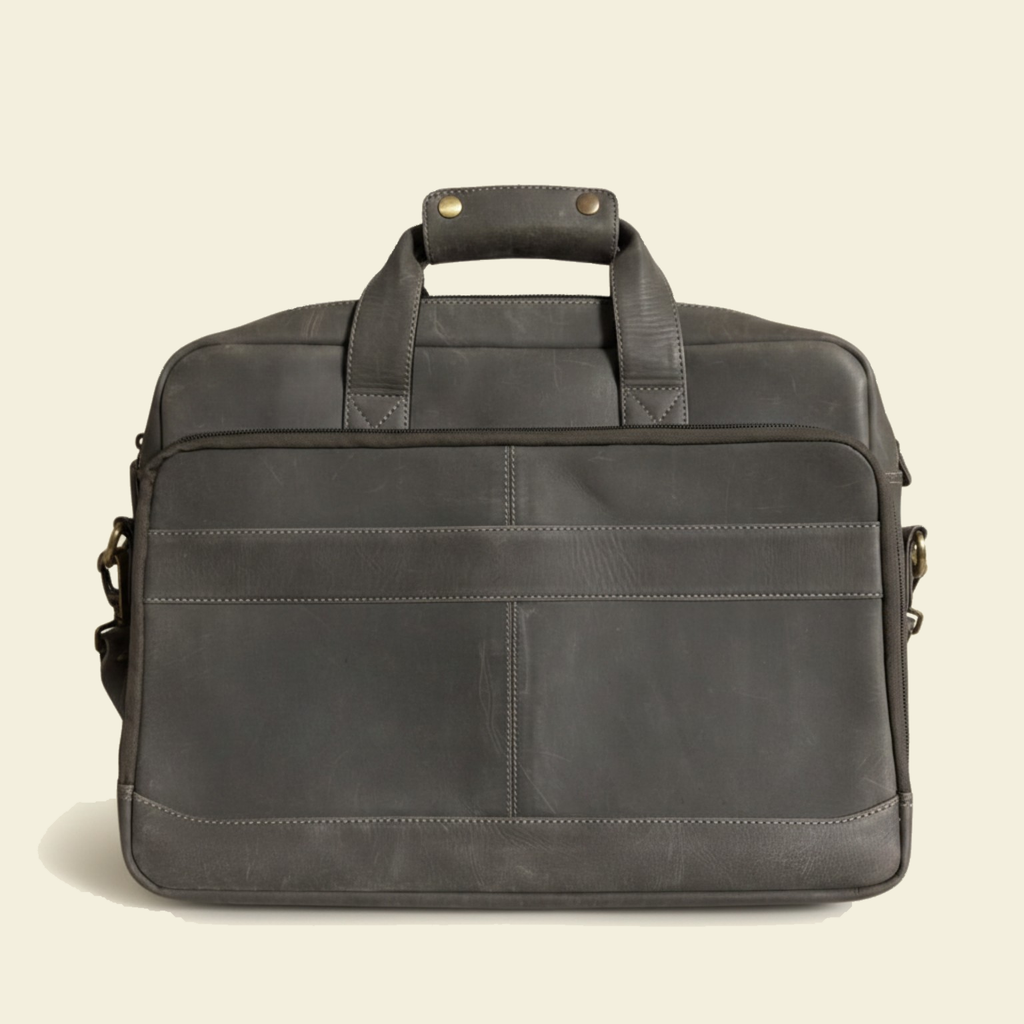 Tan Tales Slate Grey Distressed Leather Laptop Briefcase change color