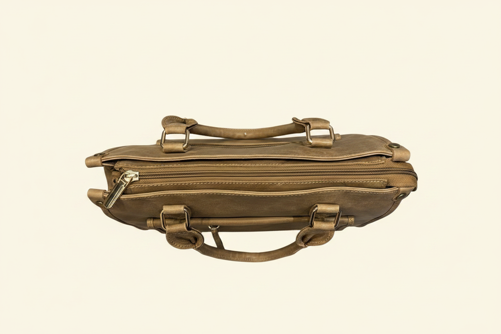 Tan Leather Bag - Top/Zipper View